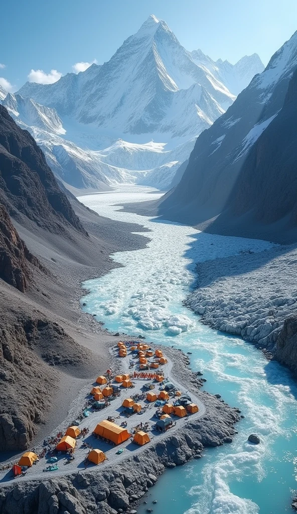 An overhead drone view of Everest Base Camp, looking straight down onto the glacier-covered terrain. The campsites are scattered across the rugged ground, with the immense Khumbu Glacier stretching out below. The towering peak of Mount Everest looms in the background, and the complex patterns of ice and rock are vividly displayed from this unique perspective.