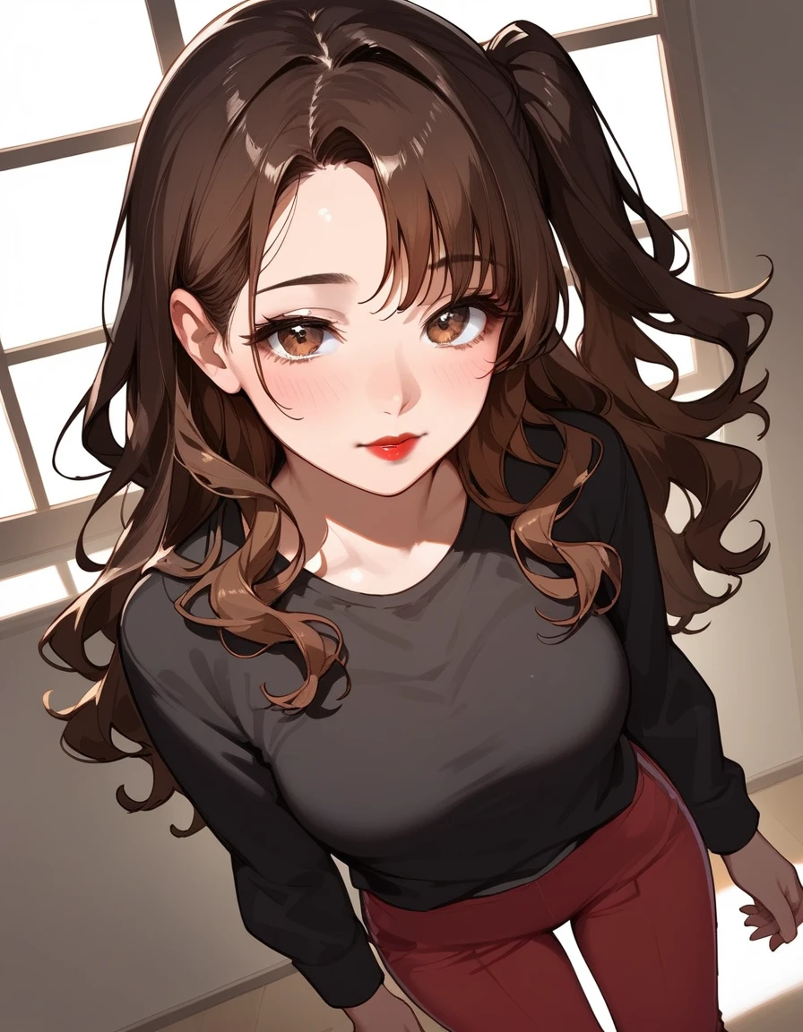score_9, score_8_up, score_7_up, score_6_up, score_5_up, score_4_up,masterpiece,source_anime,highres,high contrast,photo realistic(realistic:1.3)mature female,smmruzk,30 years old(half close eyes:0.8)busty,red lips,long hair, brown hair, wavy hair,one side up,brown eyes,black shirt,red pants,blush,Room,shoot from above