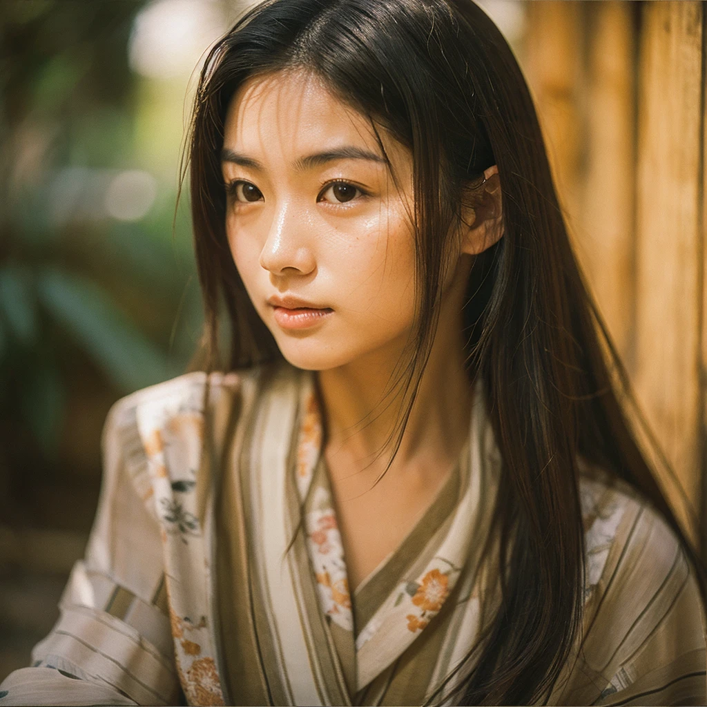A hyper-realistic image of a single Japanese woman in her early 20s, captured with the nostalgic warmth and subtle graininess of a film camera. She is wearing a beautifully patterned yukata, with delicate floral designs that complement her natural beauty. Her skin has a warm beige tone with a natural, slightly rough texture that includes visible pores, fine lines, and subtle imperfections such as small blemishes, adding to the authenticity of her appearance. The soft, diffused natural light enhances the film-like quality, casting gentle shadows that create a timeless, organic feel. Her straight, glossy black hair is styled traditionally, framing her face in a natural, slightly tousled manner, and her deep brown eyes reflect the ambient light, adding depth and emotion. The film camera effect introduces a slight grain and a softer focus, giving the image a warm, nostalgic atmosphere while maintaining the realistic texture of her skin. The yukata adds a touch of cultural elegance to the scene, enhancing the overall composition, which is designed to evoke a sense of genuine, understated beauty. The use of natural light, combined with the deliberately rougher texture of her skin and the film-like qualities, ensures that this image captures the imperfections that make her beauty truly lifelike, focusing solely on this one individual.yukata