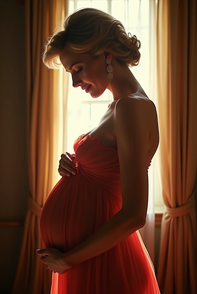 A stunning portrait of Princess Diana, She is pregnant, holding her belly, young and beautiful, hyper realistic, real portrait, backlit, exquisite features, cleavage, sexy, seductive, window, natural light, soft light