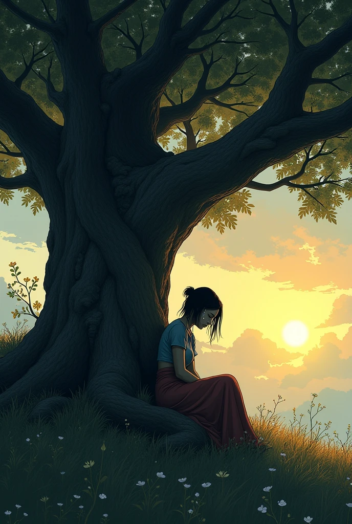 Maya sits under a large, old tree, her head bowed in sadness, with tears in her eyes. The tree offers a sense of shelter and calm, its branches spreading wide above her as the sun begins to set in the background.