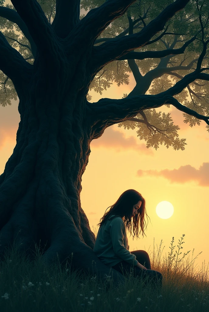 Maya sits under a large, old tree, her head bowed in sadness, with tears in her eyes. The tree offers a sense of shelter and calm, its branches spreading wide above her as the sun begins to set in the background.