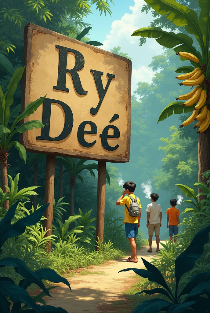 Write RY Dee on the big sinebord in the bush with some bananas growing on the side . And some boys smoking weeds on the side