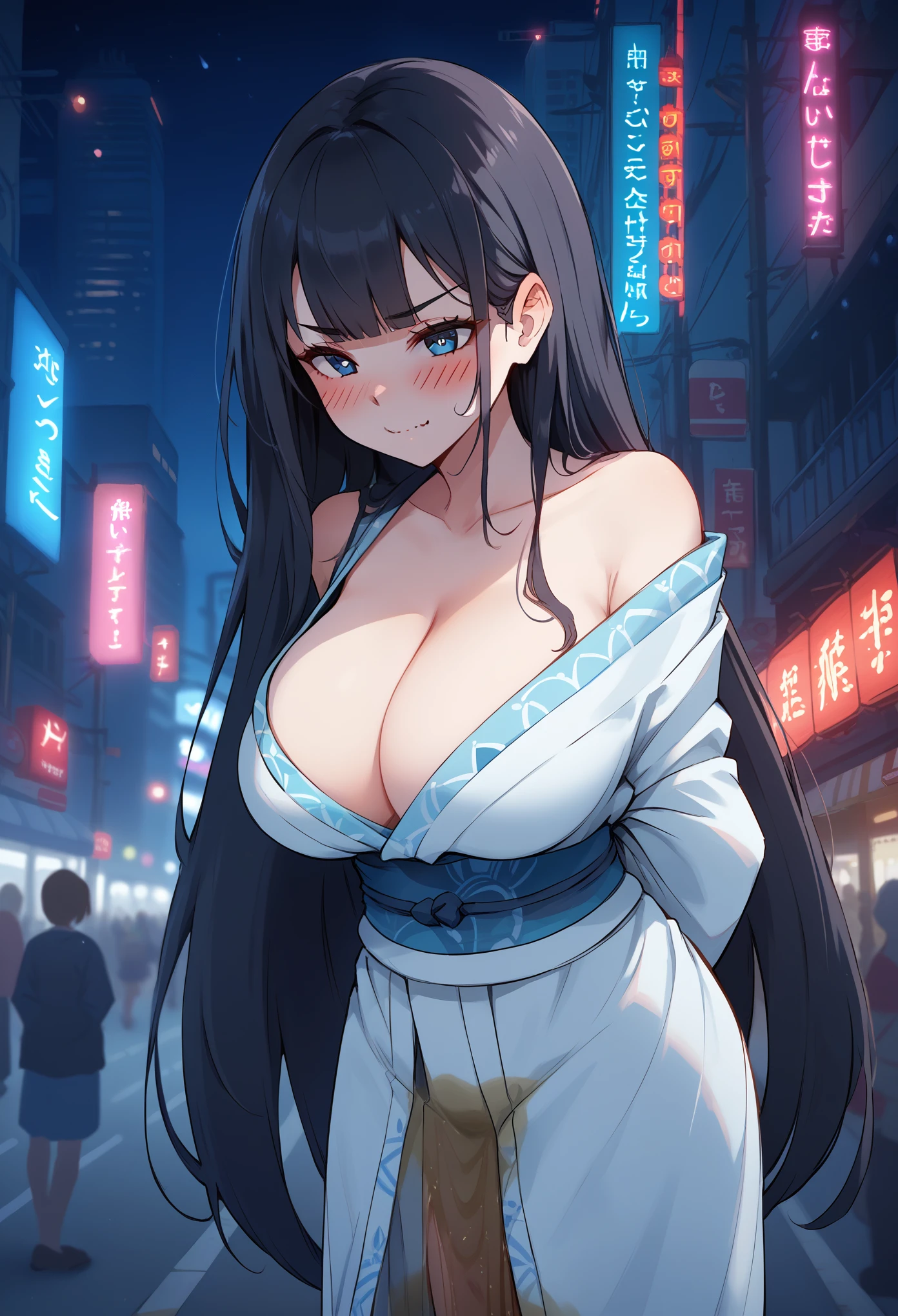 1girl, woman, (wetting self:1.5), desperation, (very long hair:1.5), straight hair, medium bangs, huge breasts, black hair, blue eyes, furisode, kimono, cleavage, (blushing:1.5), aroused, orgasm, smirk, wavy mouth, trembling, (hands behind back:1.5), city, street, crowd, night, futuristic, colorful lights, colorful city, storefront, counter