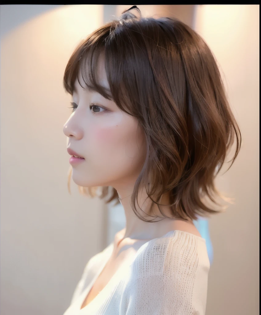 ultra high res, RAW photo, cute japanese women photos, whole body,long sleeve dress, (upper half of body), Take a photo from the front,Portrait,surface focus,gentle smile,(light blush), large size_sweater, necklace, indoor, white background,looking at the viewer, mix 4, (realistic Photoreal:1.37), 1 girl, cute, natural soft lighting, photon mapping, Physically based rendering, shortcut, short hair, Handsome, girly, (clean face), (Detailed facial description), (detailed description of handasseter muscle part), (Detailed CG), Rich details, (exquisite features), (detailed eye), looking forward to your eyes, delicate clavicle, Versatile poses, profile, white wall, Spring clothes, Simple necklace, Don, (photorealistic:1.4), From above, best quality, masterpiece