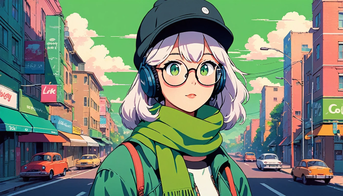 (extremely detailed CG unity 8k wallpaper), (best quality), (best illustration), (best shadow), realistic lighting, beautiful detailed reglow, masterpiece, best quality, lofi artstyle, lofi art, city, town, 80s anime style, Retro, Lo-Fi, 1girl, 1girl, bangs, beanie, black headwear, blush, covered mouth, glasses, green background, green eyes, green scarf, green theme, hat, jacket, looking at viewer, round eyewear, scarf, simple background, solo, white hair, medium shot, full body shot, Using Headphone, headphone