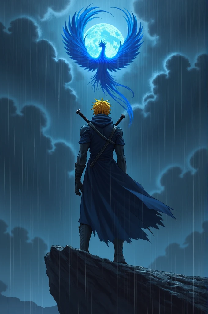Imagine Anime badass guy. Yellow hairs. Eyes covered with a black cloth. Showing his back standing on a cliff with loneliness. Black Dark rainy clouds. Long slim muscular body. Twin daggers on back. Looking at blue flame phoenix in the sky. Black background