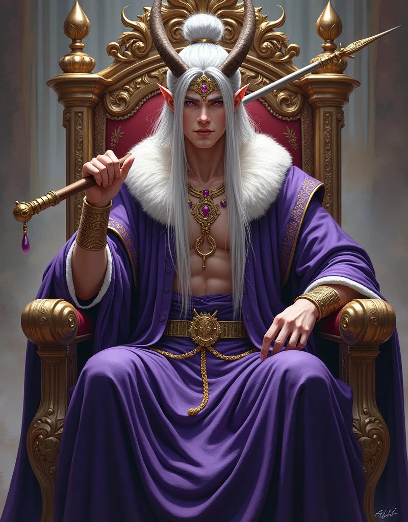 Handsome young man between 18 and  ,long silver hair tied in a bun with amethyst eyes wearing a beautiful outfit made of white bear fur, tigers, a crown of horns above the head slightly resembling the sun, surrounded by beautiful concubines. Sitting on a throne made of dragon bones with a spear over his shoulder that has a curved scythe below the tip resembling a moon 