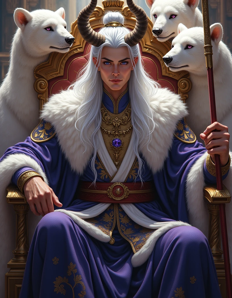 Handsome young man between 18 and 2 ,long silver hair tied in a bun with amethyst eyes wearing a beautiful outfit made with white bear skins, tigers, a crown of horns above his head, surrounded by beutys concubines. Sitting on a throne with a lance over his shoulder