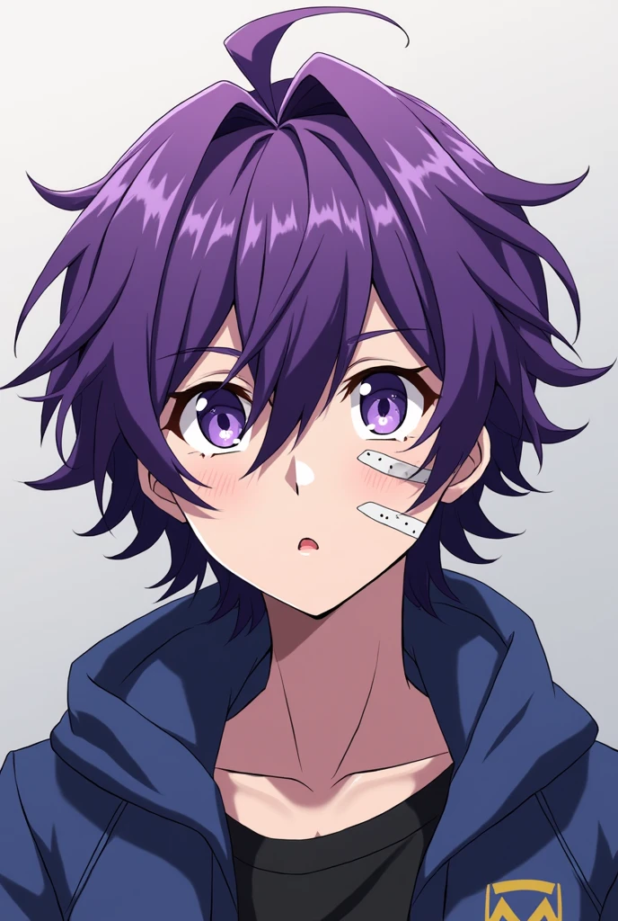 A BOY with purple and semi-long hair, 19 years, Purple and blue eyes with a bandage on the left cheek, based on the art of the anime boku no hero academia