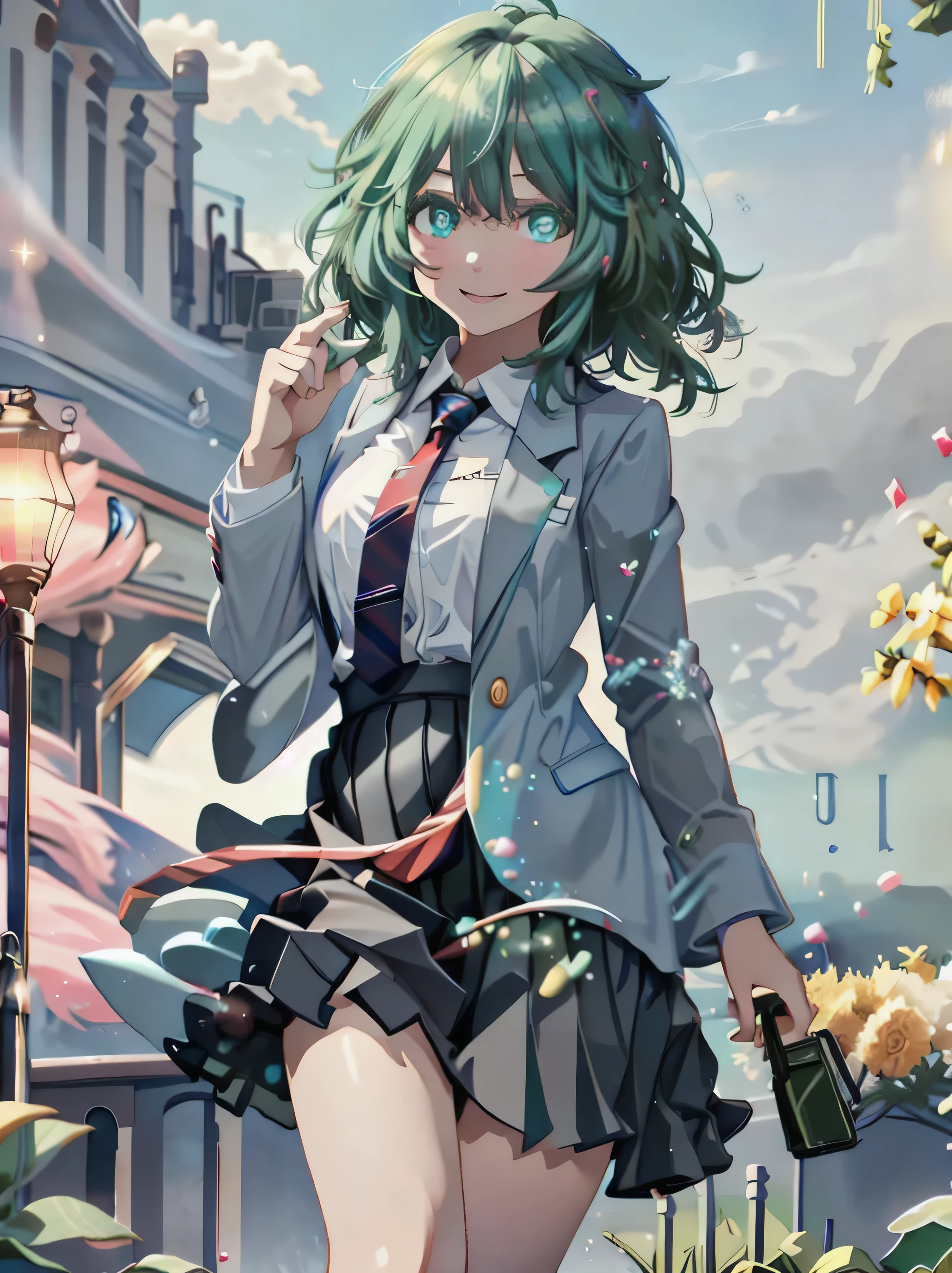 ((best quality)), ((highly detailed)), masterpiece, extremely detailed face, beautiful face, (detailed eyes, deep eyes), (1girl), cowboy shot, hagakure_tooru, short aqua hair, aqua eyes, white shirt, collared shirt, red necktie, grey blazer, BREAK, 
dark green pleated mini skirt, black socks, u.a. school uniform, smiling, outside, candymagic  