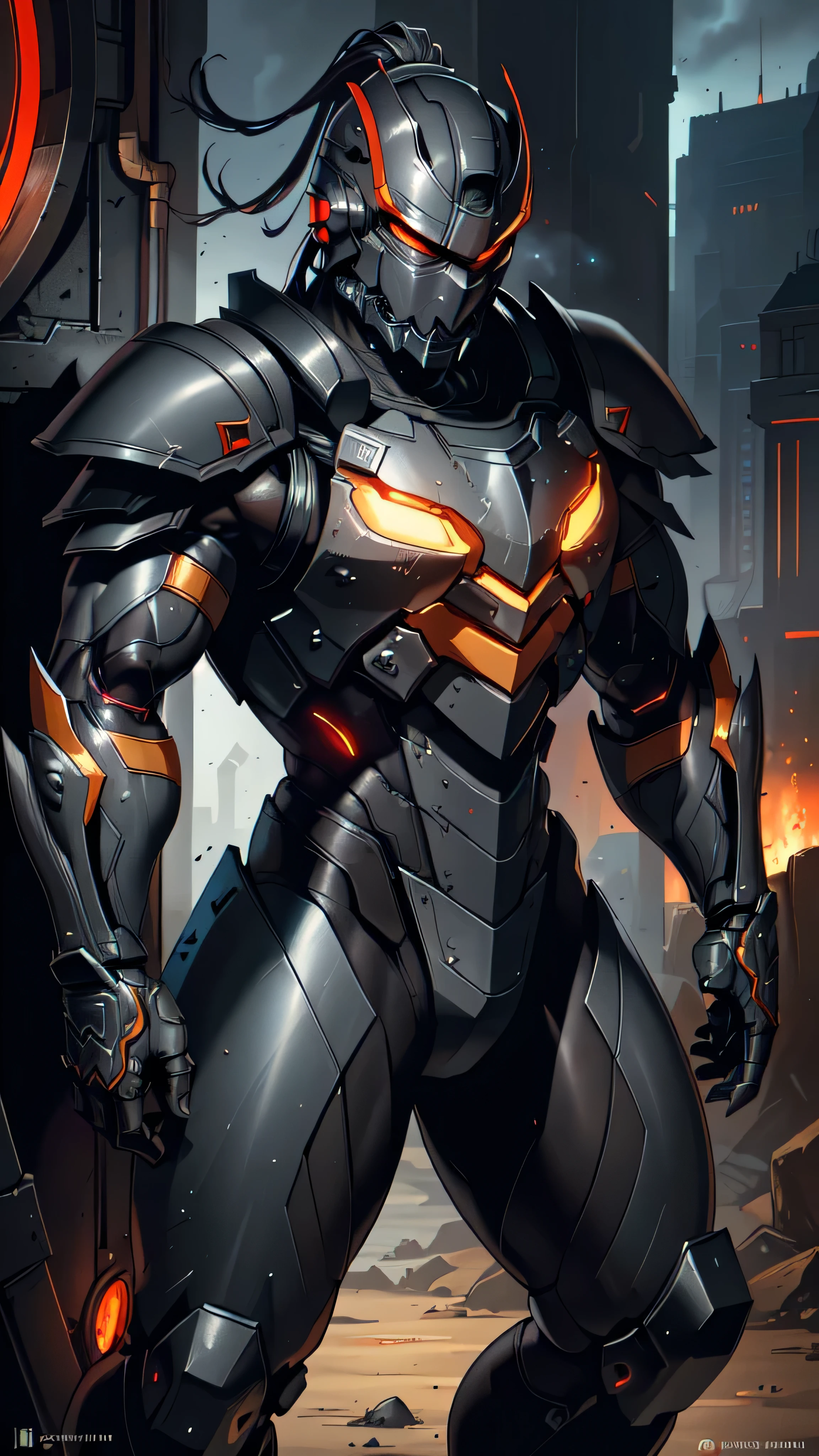 zxcrx, cyborg ninja, sleek (dark grey and black armour:1.5), various mechanical components, face is covered by a helmet with a (glowing red visor:1.3), equipped with powerful guns, missile launchers, retractable blades, (insanely detailed, beautiful detailed face, masterpiece, best quality), cinematic lighting, 1man, solo, full body view, front view, looking at viewer, intricate, high detail, sharp focus, dramatic, photorealistic painting art by greg rutkowski