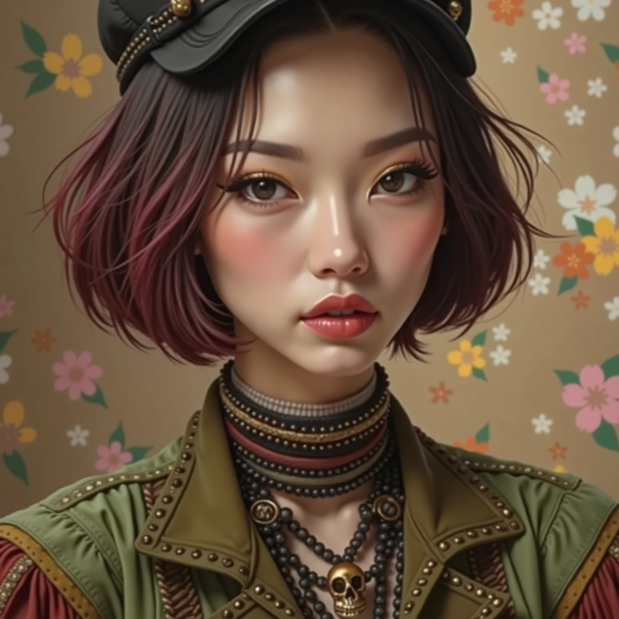 8K quality, watercolor painting, stylish design, (((The strongest beautiful girl of all time))), (((Japanese))), Fashionable hats, (((highest quality))), bob hair, HDR, ((Detailed details)), skull fashion, detailed clothing texture, (((graffiti art))), colorful hair, ((masterpiece))、((Super detailed))、colorful flowers