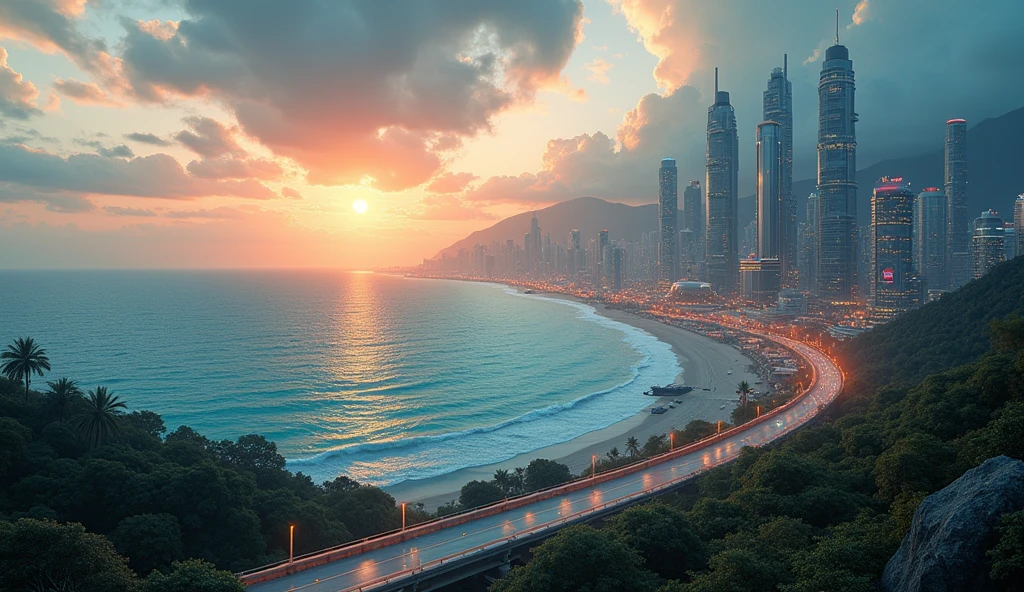 (background 4k),(high resolution) Above the azure ocean, the last pristine expanse on Earth untouched by the pollution that is a byproduct of technological advancement in the year.3000 is the location of a great metropolis that brings together a diverse population from all corners of the remaining world in this metropolis.
A metropolis where over fifty percent of the area is used for various amenities, the rest is a construction created by humans and robots. Only less than one percent of the total area is designated for tree planting.
The population of this metropolis, forty percent are intelligent robots with minds that are no different from humans, another fifty-five percent are humans, the rest are rats and cockroaches....
if you look from the coast connected to this metropolis by a small road at sunset, you can see the beauty of the metropolis that is impossible to see at sunrise. The orange-blue sky may make you feel like you're entering a period called "night" a time when everything is dark and devoid of light, destroying all visual perception.
But not this metropolis, a place that never sleeps