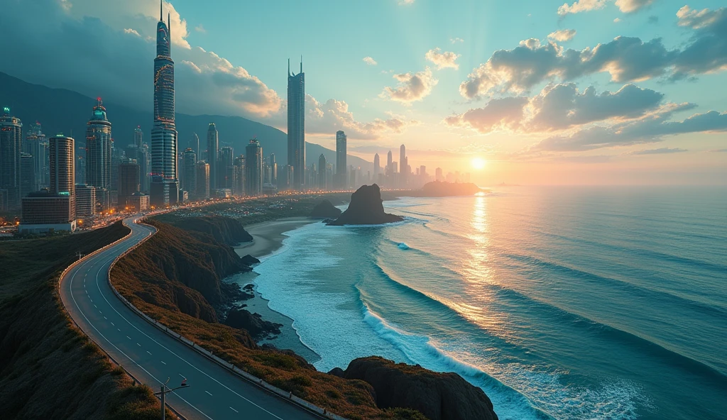 (background 4k),(high resolution) Above the azure ocean, the last pristine expanse on Earth untouched by the pollution that is a byproduct of technological advancement in the year.3000 is the location of a great metropolis that brings together a diverse population from all corners of the remaining world in this metropolis.
A metropolis where over fifty percent of the area is used for various amenities, the rest is a construction created by humans and robots. Only less than one percent of the total area is designated for tree planting.
The population of this metropolis, forty percent are intelligent robots with minds that are no different from humans, another fifty-five percent are humans, the rest are rats and cockroaches....
if you look from the coast connected to this metropolis by a small road at sunset, you can see the beauty of the metropolis that is impossible to see at sunrise. The orange-blue sky may make you feel like you're entering a period called "night" a time when everything is dark and devoid of light, destroying all visual perception.
But not this metropolis, a place that never sleeps