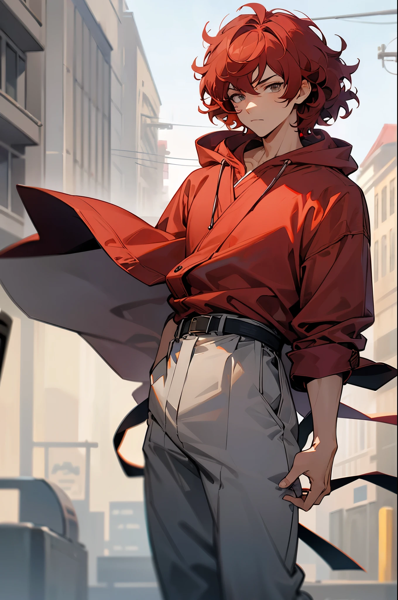 hazel eyes, curly hair, short length hair, rose eyes, young male, serious expression, street background, hoodie, grey pants, grey karate belt, red hair, light skin