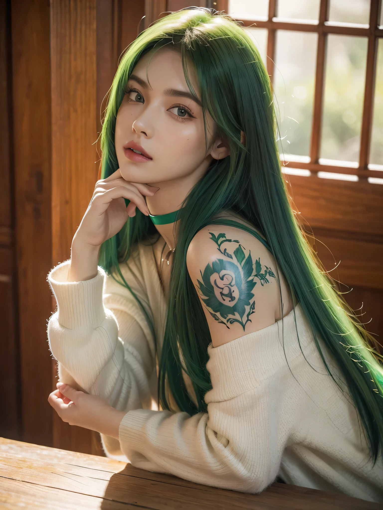 1girl, alone, solitary, high quality, (best quality,4k,8k,highres,masterpiece:1.2),ultra-detailed,(realistic,photorealistic,photo-realistic:1.37),gorgeous hair,red hair,red long curly hair with bangs,sharp eyes,mole under the eye,plump lips,jewelry,(high detailed skin:1.4),(rim lighting:1.3),(lit:1.3),(sunny day:1.3),portrait,beautiful lips,waist-length hair,seductive gaze,moles,casual clothes,colorful clothing,close up,super long hair,choker necklace,tattoos,tattooed,light eyes,bangs,fringe,20 year old,dimples on the cheeks,dimples,emerald green hair,sharp eyebrows,greenhair,green,emerald green hair,bright green hair,lace,elegant