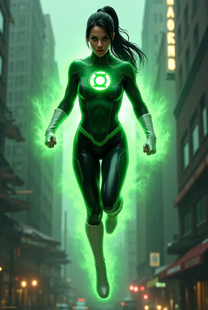 a beautiful woman with black hair tied in a ponytail Jessica Cruz under the cloak of Green lanters flying over an apocalyptic and rainy city screaming exhausted after a battle Green suit combined with black in shiny leather boots and white leather gloves emblem of the Green lanters on her chest (((without cape))),(((green flourescent magic around his entire body))