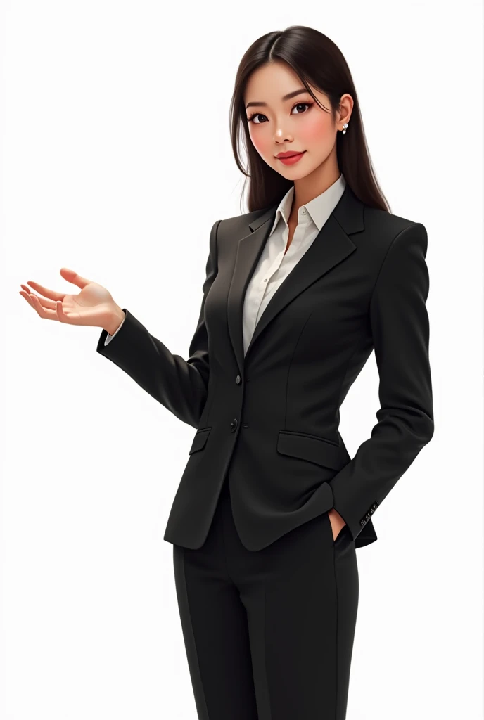 Businesswoman in black suit extending her arm to the left side with open hand on white background, Digital art