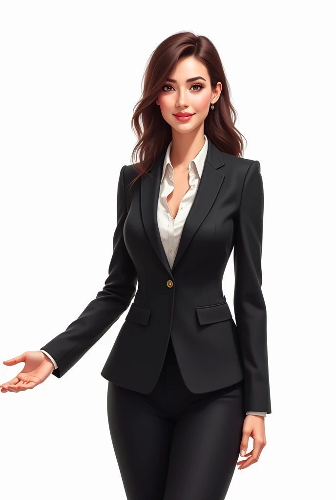 Businesswoman in black suit extending her arm to the left side with open hand on white background, Digital art