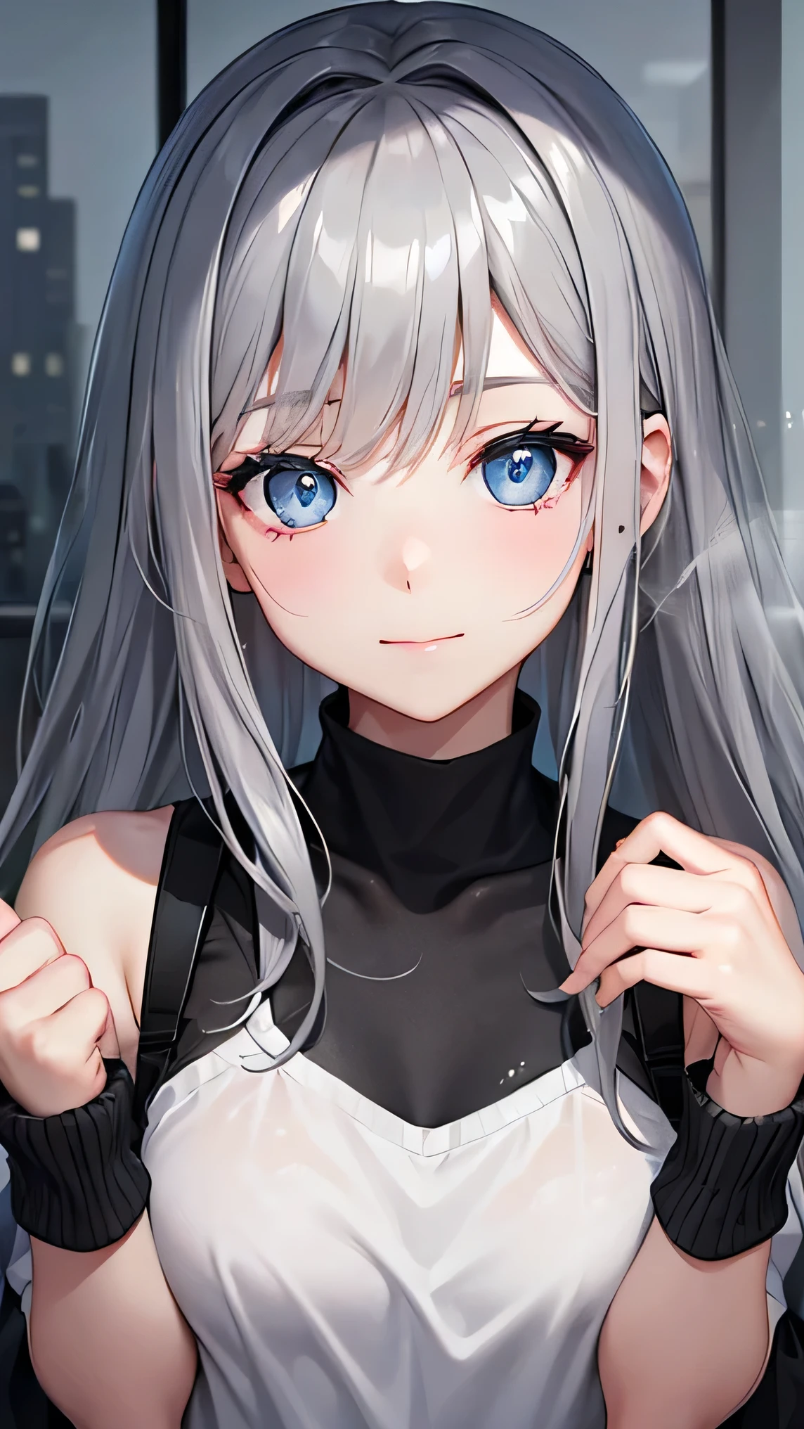 girl, gray gray, glass shards spray, Black, GREY, blue eyes, not smile,