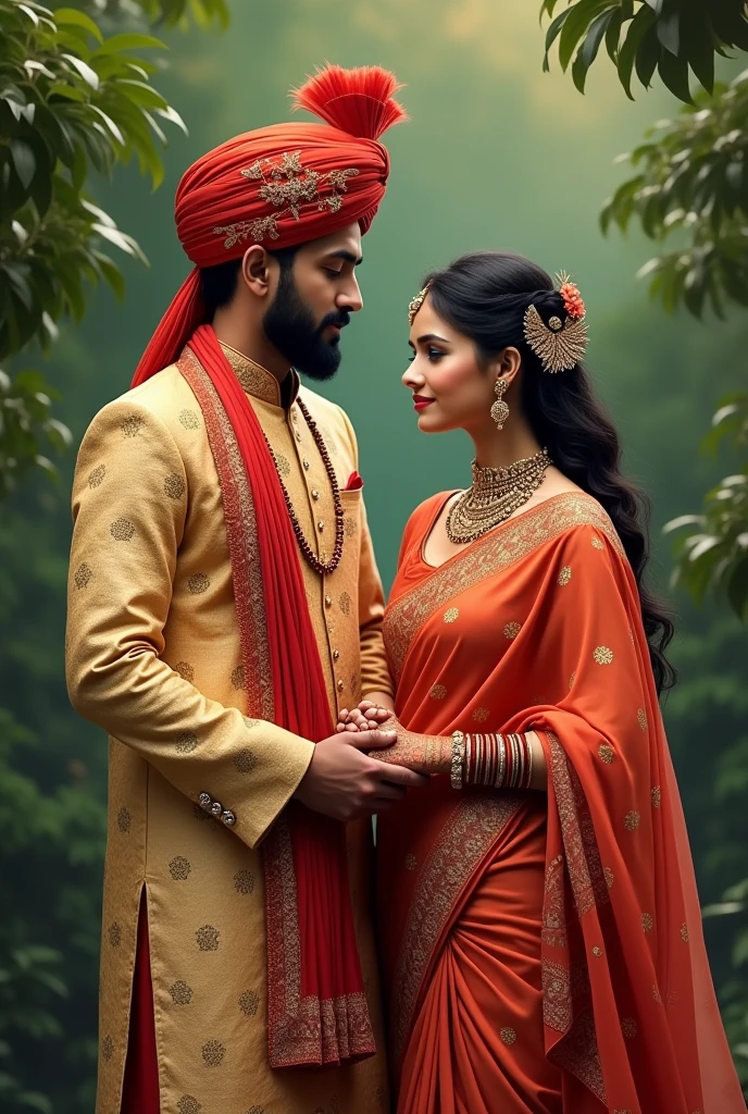 Create an AI image of man wearing Indian traditional dress and woman wearing saree ...Both of them holding the hands