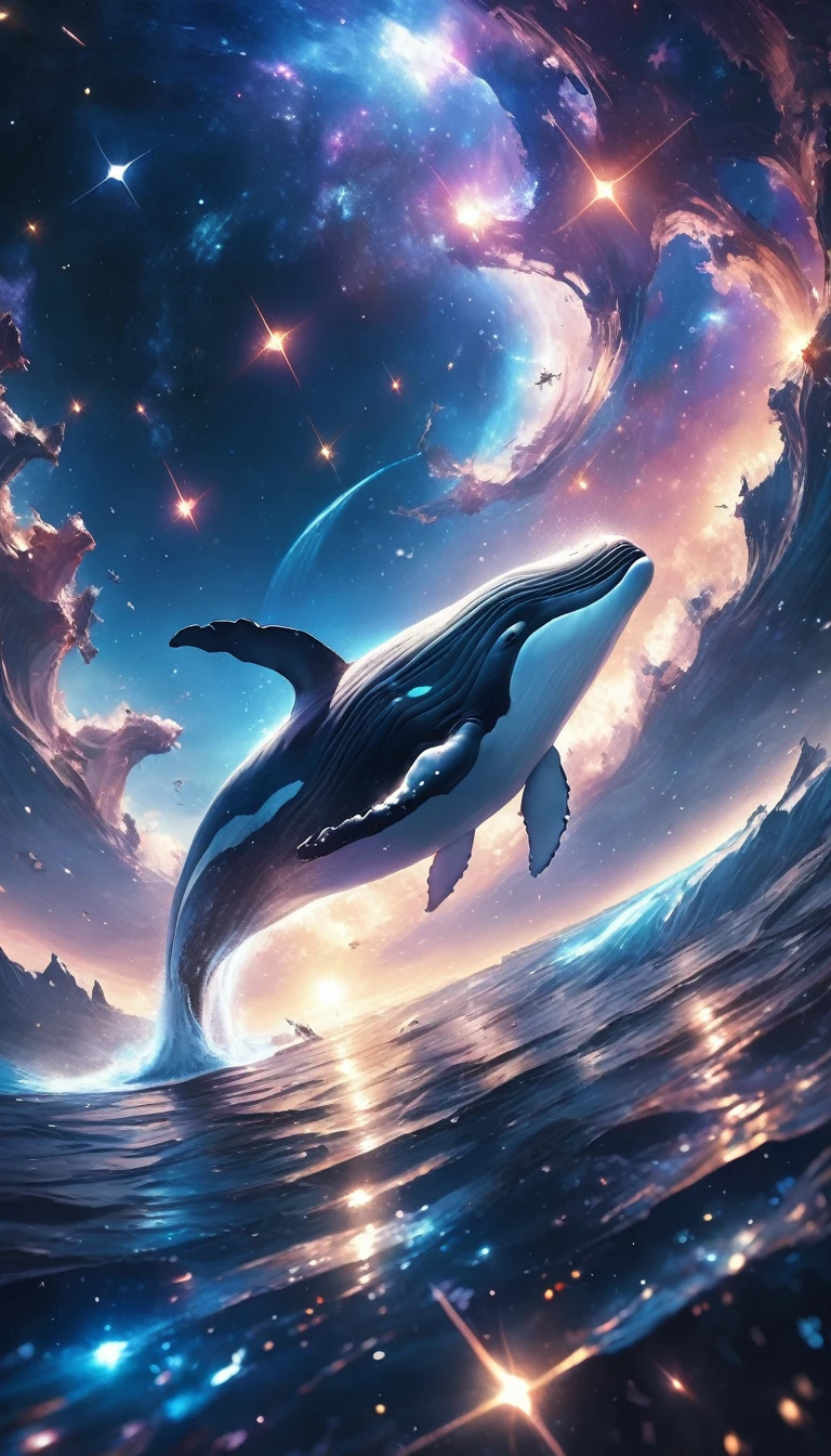 A whale flying over a city. (future), (violet sky), (natta), (city lights), 8k , 16K, good quality, HD 