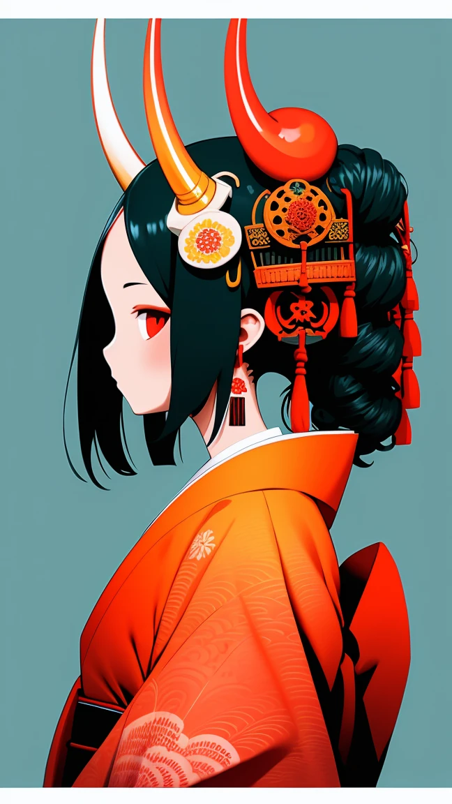 oniNFT, 1girl, solo, black hair, jewelry, earrings, mask, red eyes, japanese clothes, letterboxed, kimono, profile, mask on head, floral print, from side, horns, tassel, hair ornament  