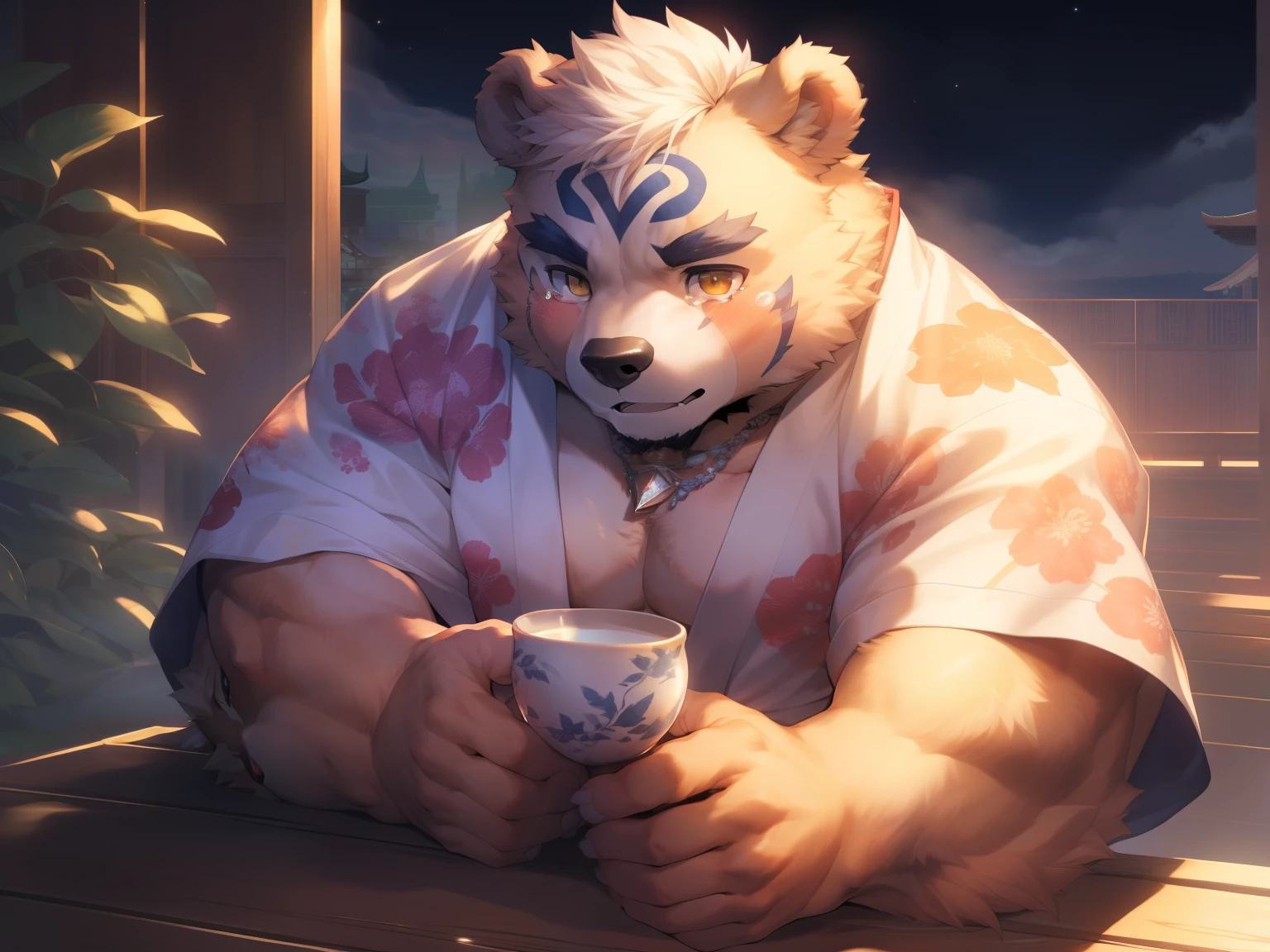 (By Empty Ghost, From thebigslick, By Dark Gem, Will chase), Keyuan Building (Onmyoji Daisenji Temple), High quality photos, Perfect anatomical structure, Anthropomorphic white bear, male, 20 years old, (bear print), Thick eyebrows, short hair, Strong body, Pectoralis major, White Kimono, Cherry blossom pattern embellishment, Small bump, Pink milk clusters, Kneeling on the wooden floor of the courtyard, Drink tea, Sad expression, Tears, blush, Golden pupils, Look up at the audience, Clear facial features, Strong, solitary, top view, Full body portrait, night, Foggy atmosphere, In the classical garden, White pebbles can be seen everywhere, wild plants, (By Empty Ghost, From bear20, masterpiece, high quality, high resolution, 8k)