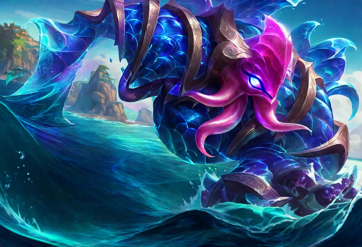 (Fantasy) An electric dragon (blue color schemed scales, glowing eyes) is flying up in the air with a giant pink squid in its claws, water disturbed under the fish, serene ocean cliffs in sight