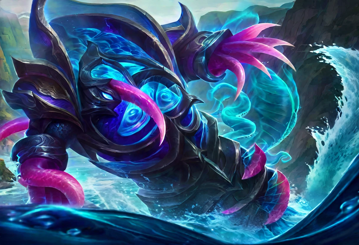 (Fantasy) An electric dragon (blue color schemed scales, glowing eyes) is flying up in the air with a giant pink squid in its claws, water disturbed under the fish, serene ocean cliffs in sight