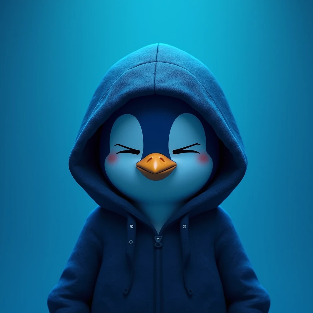 Resistance penguin coin , black hoodie , blue penguin , blue background , cute , eyes closed , mysterious , head bowed , only head  , angry face 