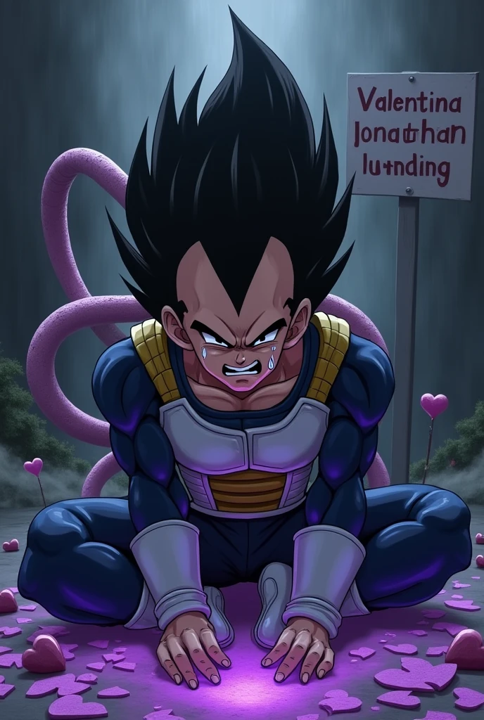 Vegeta crying very sad with broken purple hearts , with a snake and a sign that says Valentina and Jonathan TEAMO