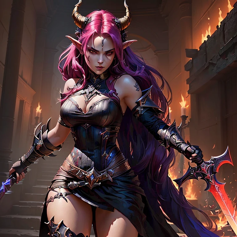 a woman with a horned head and a sword in her hand, beautiful female killer, epic character art, epic exquisite character art, tiefling, female killer, Amazing character art, diablo 4 Lilith, she is ready to fight, Video game character, Lilith, based on Emily Shanks, she has fire power, Katharina from League of Legends