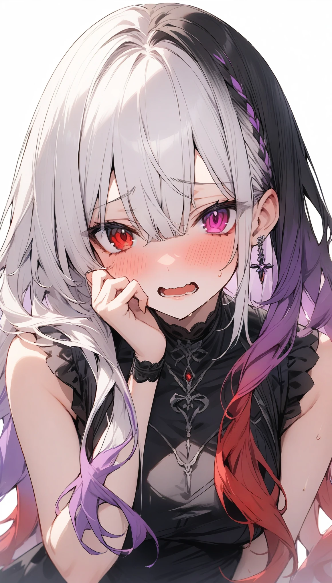 {{masterpiece}}, The best quality of life, 超High resolution, Attention to detail, high quality, High resolution, 最high quality, 4K, 8k,Attention to detail,((White Hair、Dye your hair purple)、Gradient Hair、Multi-colored hair)) 、One person, 1 adult female,((完璧な悪魔のPurple and red eyes)) , ((Purple and red eyes)) ,((Heterochromia iridis))、((White background))、(((Black sleeveless dress))、Embarrassed expression、Angle from the front