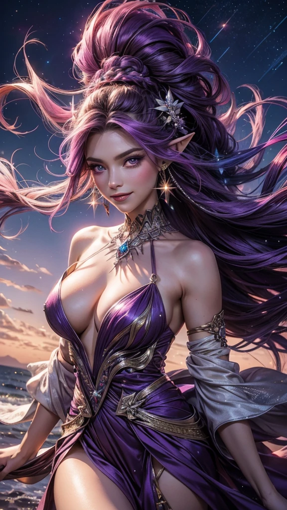 One person, High resolution, Sparkle Effect, High-resolution model, Colorful Hair, Hair blowing in the wind, Two braids hanging down on either side, Large Breasts, Crystal Earrings, Long pointed ears, smile, Purple eyes, Heavy makeup, Hair Flower, Star Hair Accessories, Cinematic light effects, 8k octane, 