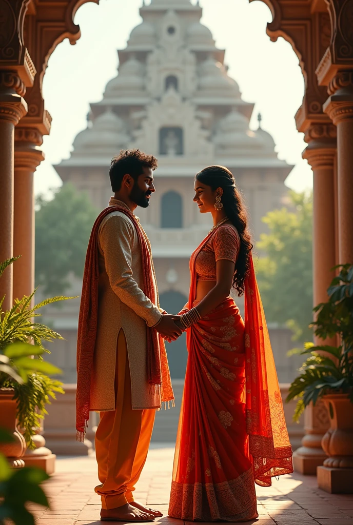 Create an AI image of man wearing Indian traditional dress and woman wearing saree ...Both of them holding the hands outside a Shiva temple