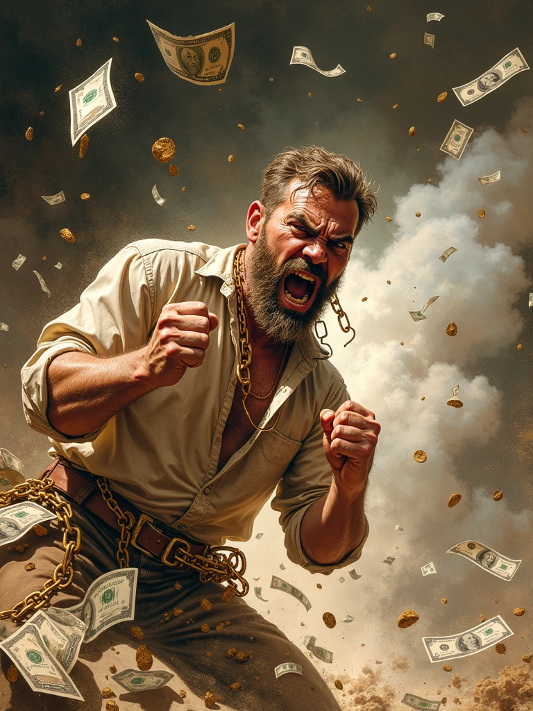 Man fighting money, Oil Painting, Harsh brush strokes, Dramatic Lighting, intense expression, Determined eyes, hold fists, sweat dripping down his face, Wrinkled suit, broken chains, Crumbling dollar bills, Crumbling Stock Market Graph, Smoke rises in the background, Black and white with a touch of gold, Realism. (Best Quality, hight resolution, Ultra-detailed), (Realistic:1.37), Professional, Vivid colors.