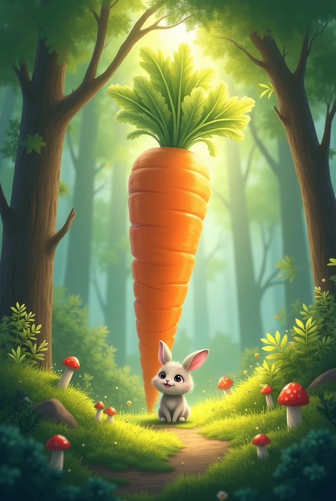 One day, in the green forest, A little rabbit named Bunny discovered a giant carrot growing in the middle of the forest.. Bunny was very happy and decided to pull up the carrot to take home..