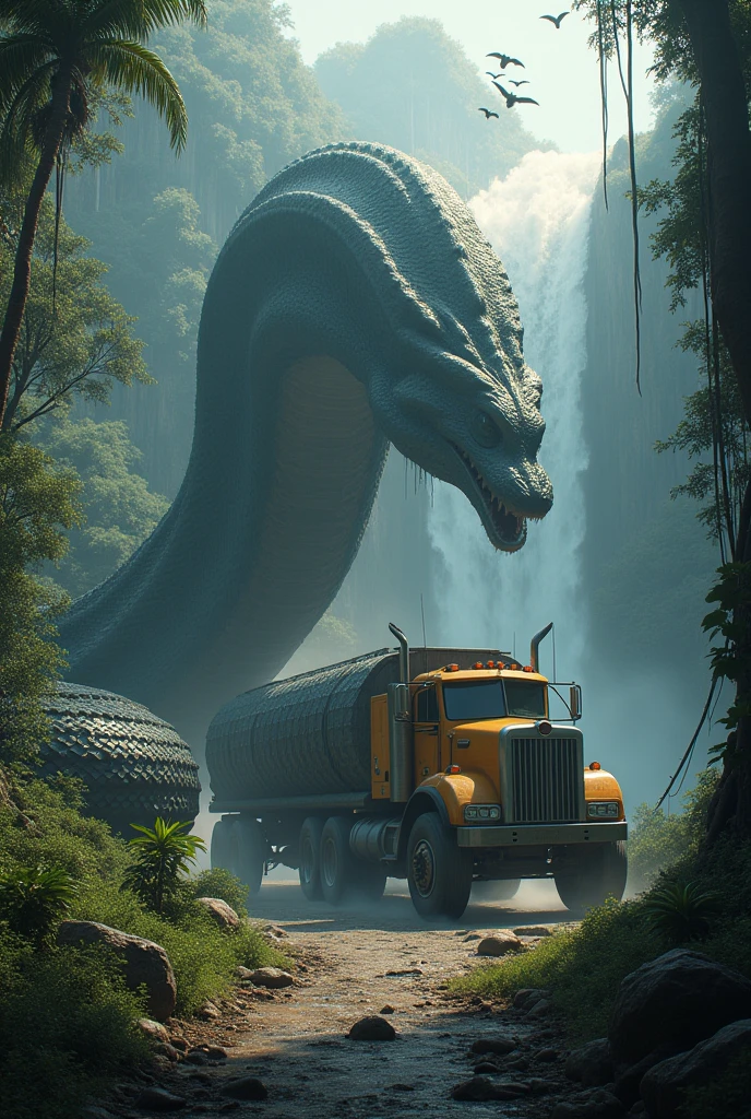 Create image with big python and big truck and horror jungle and waterfall and many bats