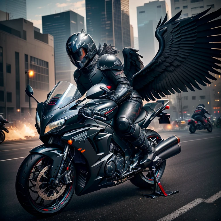 a close up of a person on a motorcycle with wings on it, Сижу на motorcycleе в стиле киберпанк, Black Wings instead of arms, Dark Angel, wearing winged helmet, cyberpunk batman, Black Wings, demon wings, dark feathered wings, amazing wallpaper, has Black Wings, crow in cyber armor, winged man, motorcycle, motorcycle, winged helmet, Metal wings
