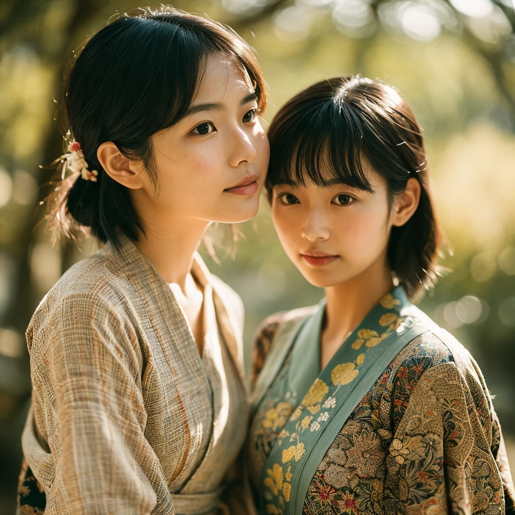 A hyper-realistic image of a single Japanese woman in her early 20s, captured with the nostalgic warmth and subtle graininess of a film camera. She is dressed in an elegant, traditional yukata with intricate floral patterns, the fabric delicately draped around her form, showcasing the fine details of the traditional Japanese garment. The yukata is made of soft, lightweight cotton, with the patterns subtly reflecting the natural light, adding depth and texture to the fabric. Her skin has a warm beige tone with a natural, slightly rough texture that includes visible pores, fine lines, and subtle imperfections such as small blemishes, adding to the authenticity of her appearance. The soft, diffused natural light enhances the film-like quality, casting gentle shadows that create a timeless, organic feel. Her straight, glossy black hair is styled in a simple yet traditional manner, perhaps with a small accessory or hairpin, framing her face naturally. Her deep brown eyes reflect the ambient light, adding depth and emotion. The film camera effect introduces a slight grain and a softer focus, giving the image a warm, nostalgic atmosphere while maintaining the realistic texture of her skin and the detailed patterns of her yukata. The overall composition is designed to evoke a sense of genuine, understated beauty, with the combination of traditional clothing and the soft, natural lighting creating an image that is both culturally rich and visually captivating.