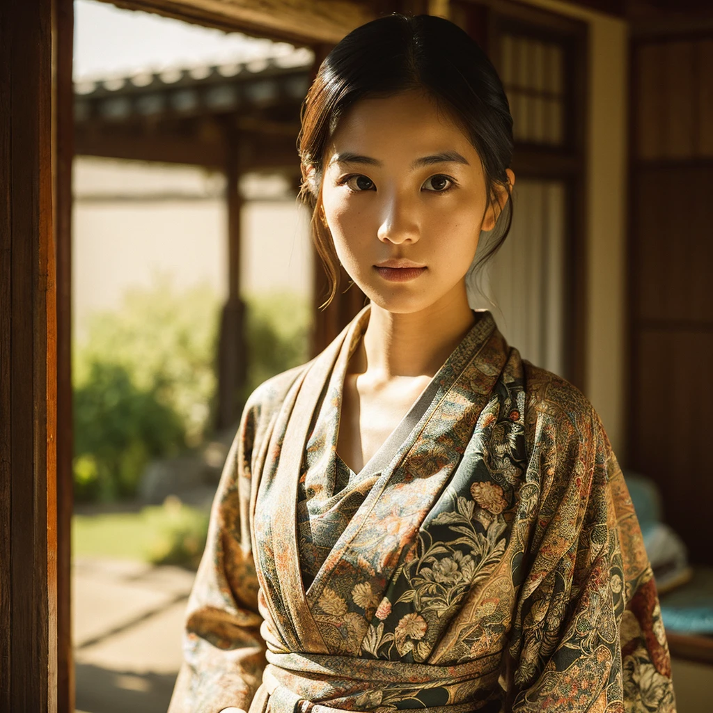 A hyper-realistic image of a single Japanese woman in her early 20s, captured with the nostalgic warmth and subtle graininess of a film camera. She is dressed in an elegant, traditional yukata with intricate floral patterns, the fabric delicately draped around her form, showcasing the fine details of the traditional Japanese garment. The yukata is made of soft, lightweight cotton, with the patterns subtly reflecting the natural light, adding depth and texture to the fabric. Her skin has a warm beige tone with a natural, slightly rough texture that includes visible pores, fine lines, and subtle imperfections such as small blemishes, adding to the authenticity of her appearance. The soft, diffused natural light enhances the film-like quality, casting gentle shadows that create a timeless, organic feel. Her straight, glossy black hair is styled in a simple yet traditional manner, perhaps with a small accessory or hairpin, framing her face naturally. Her deep brown eyes reflect the ambient light, adding depth and emotion. The film camera effect introduces a slight grain and a softer focus, giving the image a warm, nostalgic atmosphere while maintaining the realistic texture of her skin and the detailed patterns of her yukata. The overall composition is designed to evoke a sense of genuine, understated beauty, with the combination of traditional clothing and the soft, natural lighting creating an image that is both culturally rich and visually captivating.