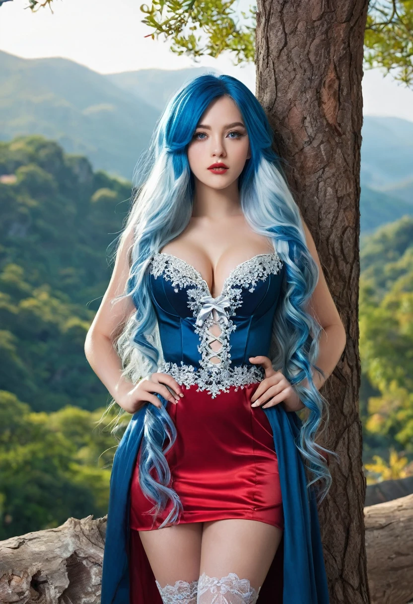20 years old young girl with blue and white hair , long flowing blue hair, very long wavy azure blue hair, long blue hair, beautiful woman with blue hair, flowing blue hair, beautiful blue haired girl, pretty girl with blue hair, long azure blue hair, blue long hair, very long blue hair, girl with blue hair, blue hairstyle,, tall,height 180 cm, weight 45 kg, beautiful, athletic figure, medium round breasts , green eyes,(best quality, 4k, 8k, high definition), ultra detail, detailed face and facial features, beautiful detailed eyes, beautiful detailed lips, extremely detailed eyes and face, long eyelashes, graceful triangular face, classic lip shape, small graceful nose, super realistic
She is dressed in a sexy anime-style outfit. The outfit consists of a rich ruby red, satin dress with silver lace detailing creating an intricate and sensual pattern across the bodice. The dress features a high-cut skirt with a plunging neckline and a small ruby bow at the waist. She pairs it with matching red thigh-high stockings and silver stilettos.
She stands with her back slightly arched, one hand resting on the oak tree and the other at her side. The morning sun highlights the vivid colors and luxurious textures of her outfit, while the majestic mountains provide a stunning backdrop.