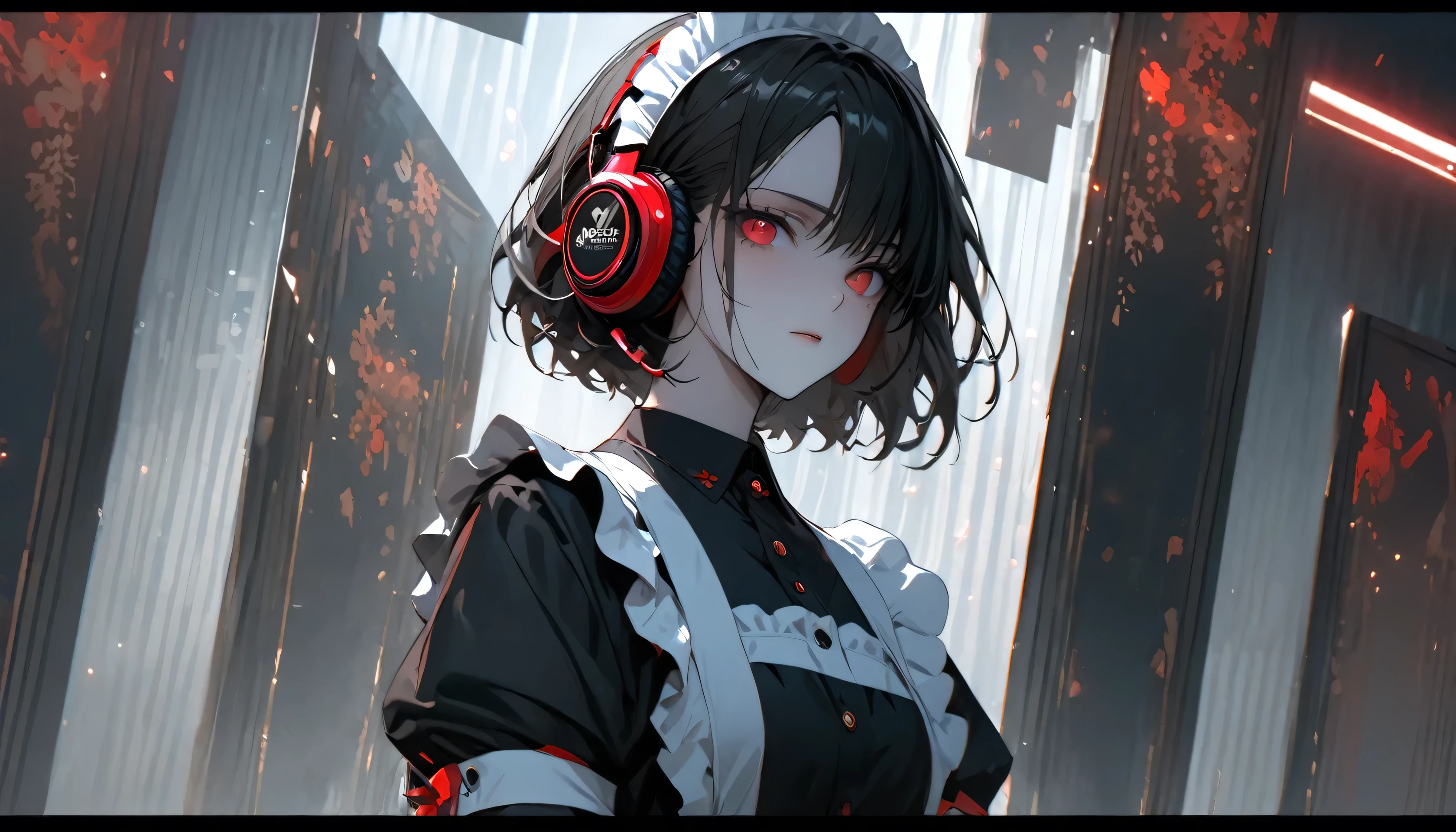 (alone), Black Hair, Shortcuts, Shiny hair, Short Hair,, Expressive hair, mature,(Age 25), Pale skin, Red eyes, ((woman)), maid,maid headdress,View your viewers,apron, beautiful, Charm, Eye Reflexes, Depth of written boundary,, Ray Tracing, Depth of written boundary, Cinema Lighting, Ray Tracing, 超High resolution, Attention to detail, 最high quality, High resolution, high quality, Awards, Super Detail, masterpiece, 8k, 超High resolution, Attention to detail, 最high quality, High resolution, high quality, Awards, Super Detail, masterpiece, 8k, Digital Art, Anime Coloring, whole body, Body Shot, Nice face, Perfect Face, Detailed face,, ((Headphones))