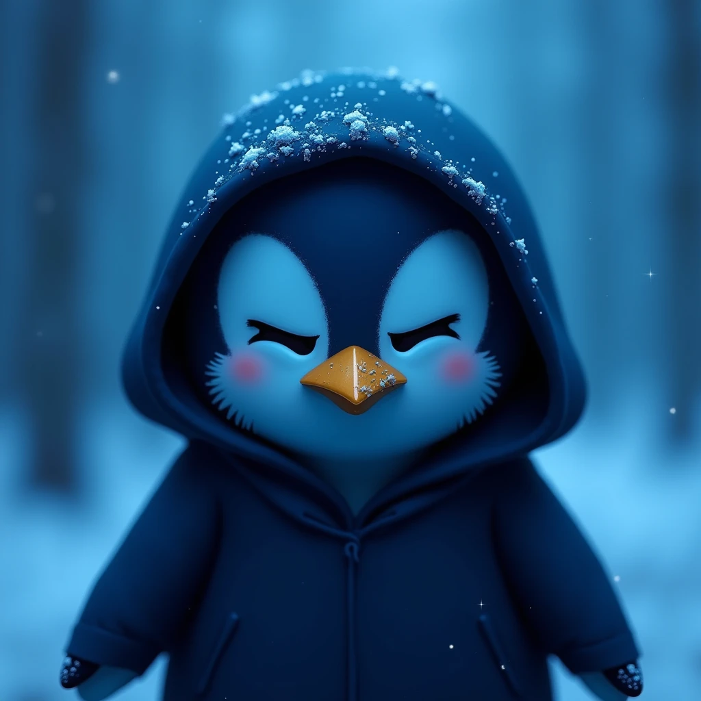 Resistance penguin coin , black hoodie , blue penguin , blue background , cute , eyes closed , mysterious , head bowed , only head  , angry face 