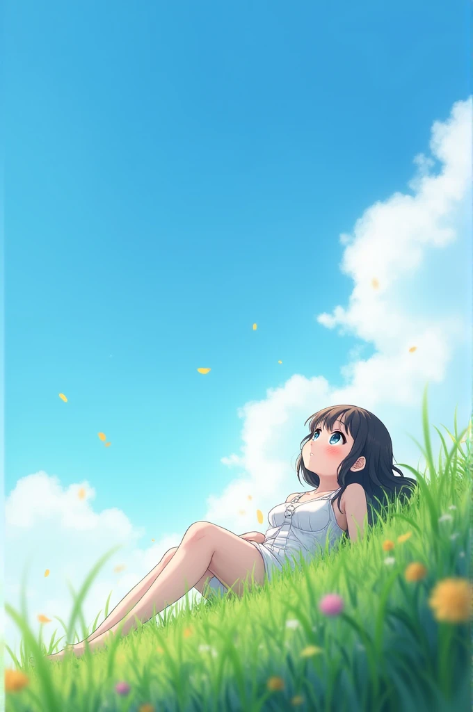 An anime girl lying on the grass looking at the sky

