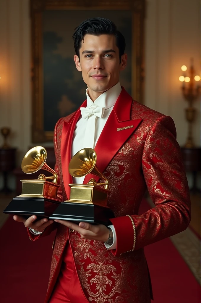 The image of a white man, Youngh, bonitas, blue-eyed, very black hair, wearing a red outfit, estilo old money, looking like a king&#39;s clothes, no red carpet do Grammy awards, holding 10 Grammys awards, his name is Madrian. He is happy and feeling fulfilled.