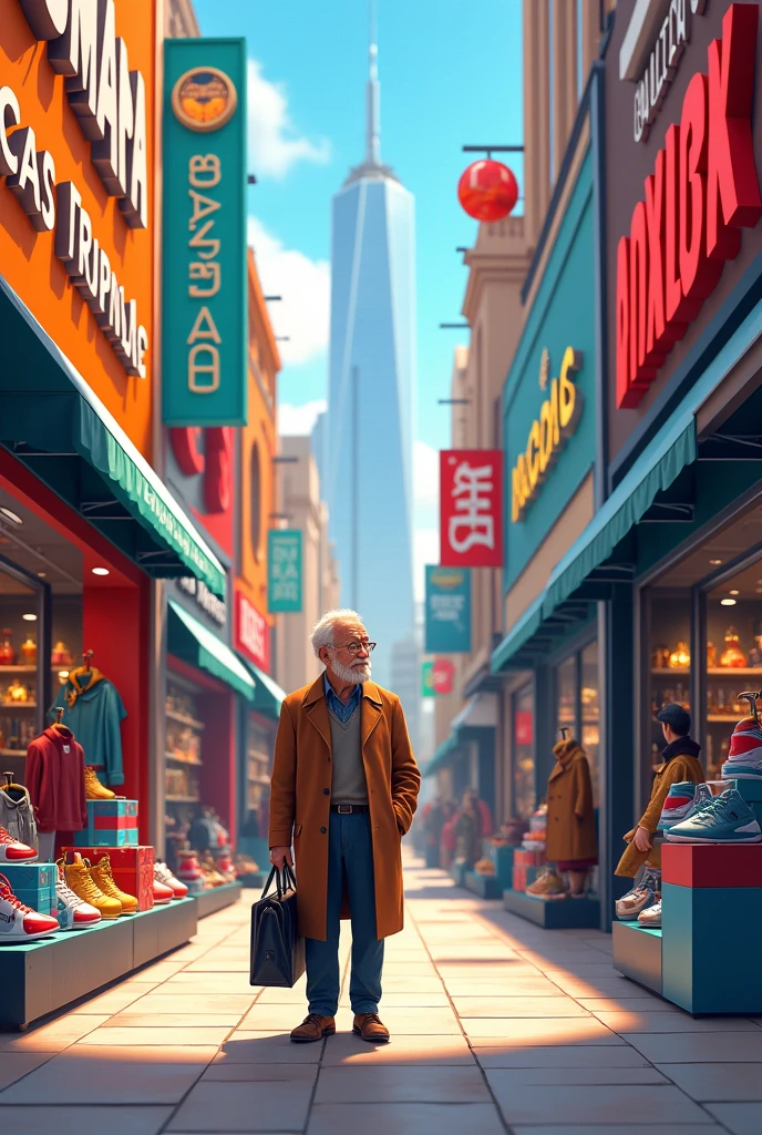 Image of branded clothing stores , sports shoes , glasses , t-shirts , perfumes with a sign that says old man shopping