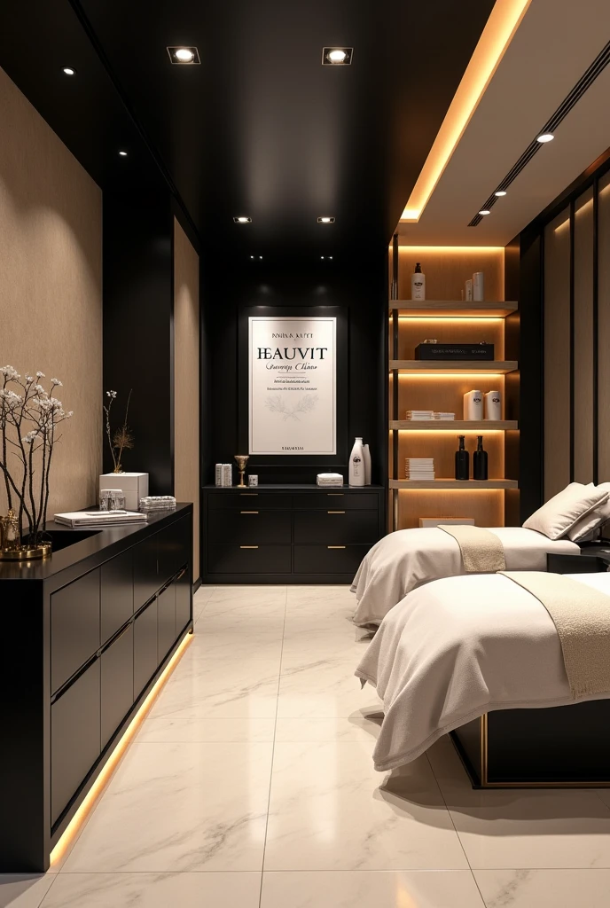 Create a beauty brand.
Where is a beauty clinic that does facial and body procedures?.
O nome é Paula Savit Beauty Clinic.
In shades of black, offwhite, beige and gold.